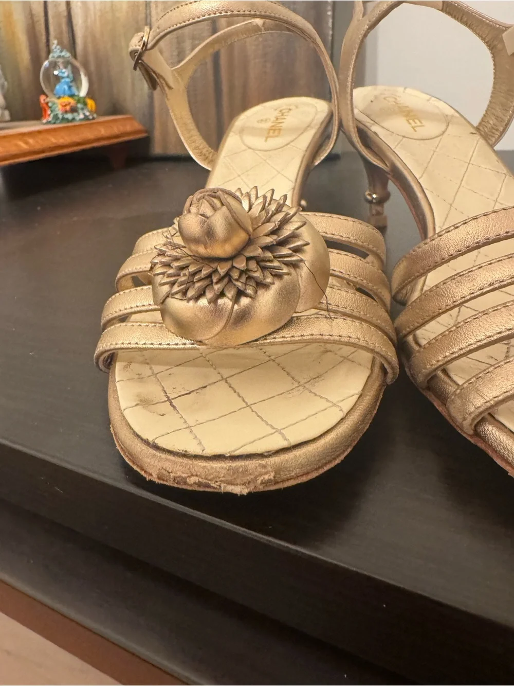 CHANEL metallic gold Camellia leather sandals with ankle - 39 Used